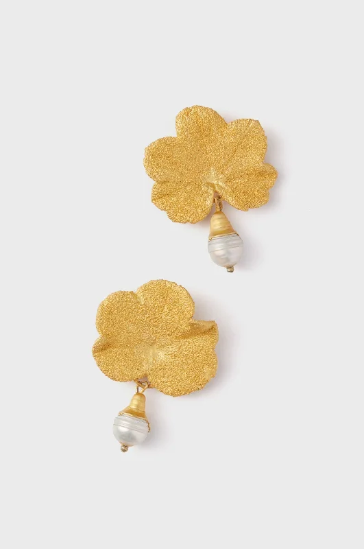 Gold Geranium Leaf and Pearls Studs