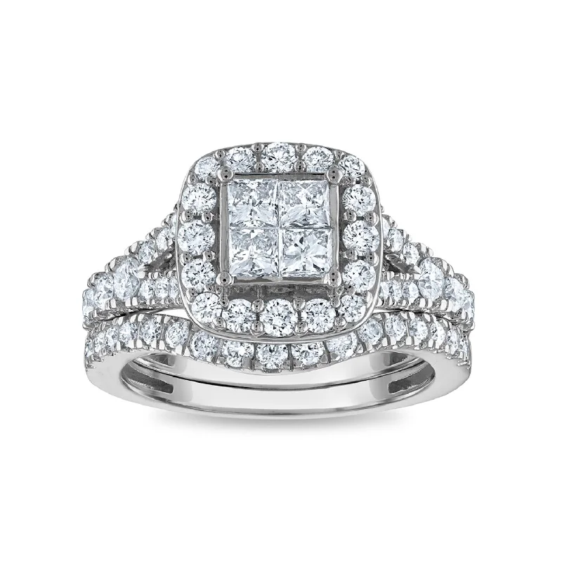 1-1/2 CTW Diamond Halo Bridal Set Ring in 10KT White Gold