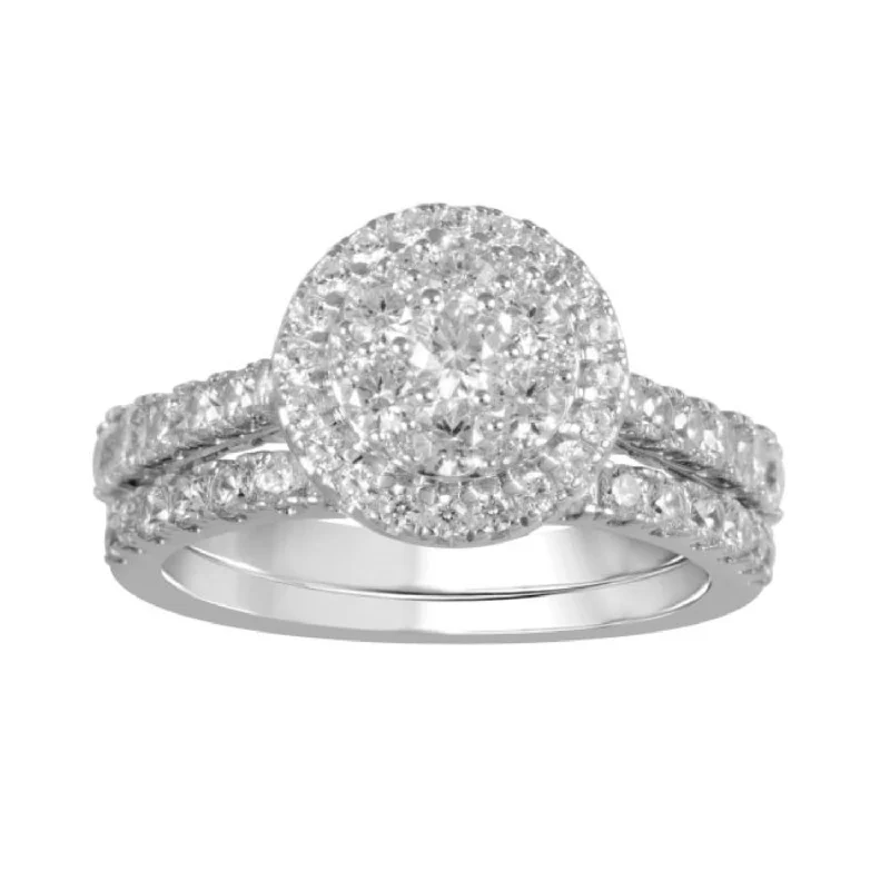 Limited-Stock Jewelry Sale – Once It's Gone, It's Gone LoveSong EcoLove 1-1/2 CTW Lab Grown Diamond Cluster Halo Bridal Set in 10KT White Gold Limited-Stock Jewelry Sale – Once It's Gone, It's Gone LoveSong EcoLove 1-1/2 CTW Lab Grown Diamond Cluster Halo Bridal Set in 10KT White Gold