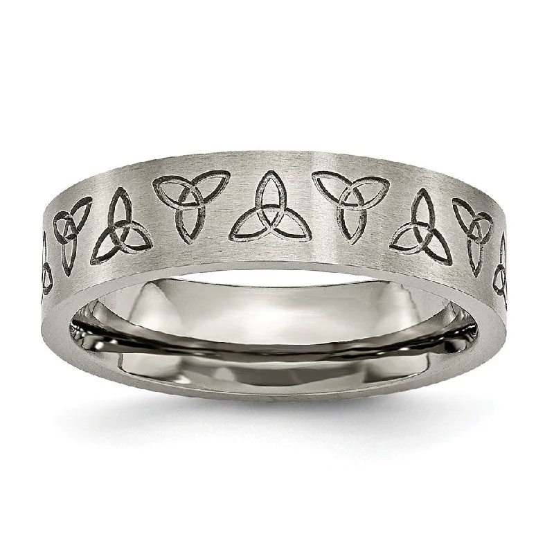 6mm Engraved Trinity Symbol Flat Band in Brushed Titanium