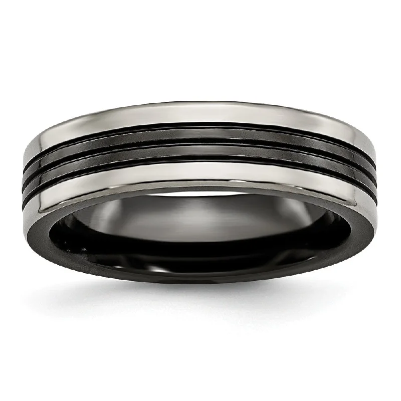 Last Chance To Grab Your Favorite Jewelry At A Discount 6mm Grooved and Polished Flat Band in Two-Tone Titanium Last Chance To Grab Your Favorite Jewelry At A Discount 6mm Grooved and Polished Flat Band in Two-Tone Titanium