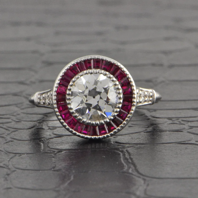 High-Quality Gemstone Jewelry For Special Occasions Art Deco Inspired 1.50 Old European Cut Diamond and Ruby Bullseye Ring in 18k White Gold High-Quality Gemstone Jewelry For Special Occasions Art Deco Inspired 1.50 Old European Cut Diamond and Ruby Bullseye Ring in 18k White Gold