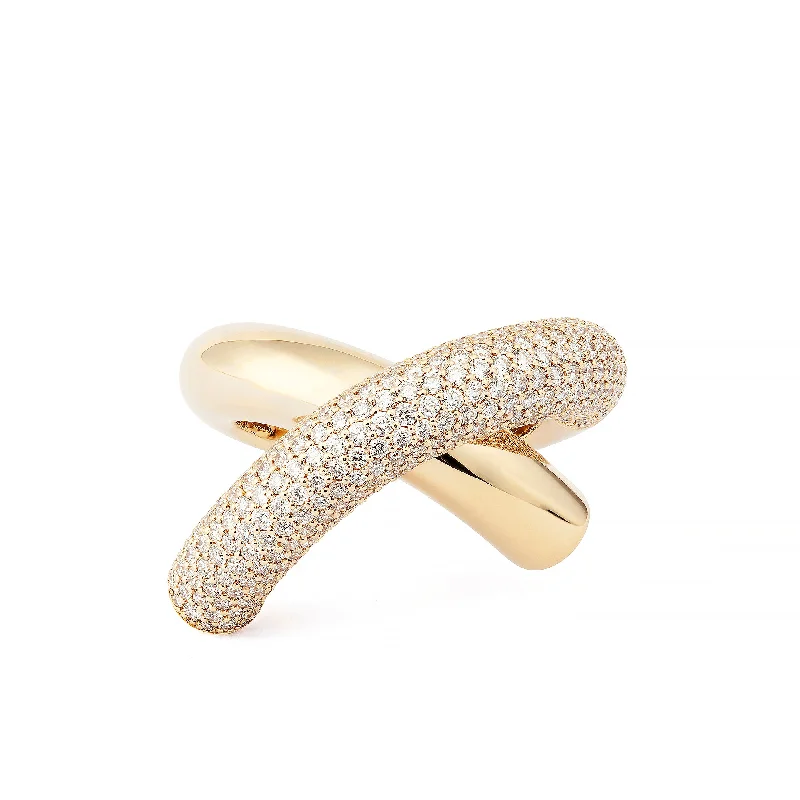 Cross Loop Big Half Pavé 18K Gold Ring w. Diamonds