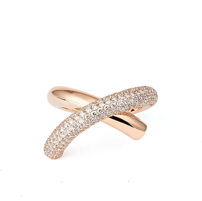 Cross Loop Medium Half Pavé 18K Rosegold Ring w. Diamonds