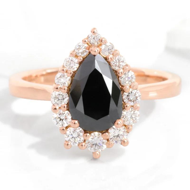 Shop Elegant Jewelry At Unbeatable Prices Large Pear Black Diamond Ring in Tiara Halo Diamond Tapered Band Shop Elegant Jewelry At Unbeatable Prices Large Pear Black Diamond Ring in Tiara Halo Diamond Tapered Band