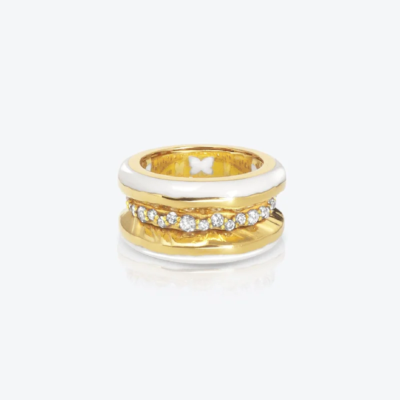 Antarctica Ice 18K Gold Ring w. Lab-Grown Diamonds & White enamel