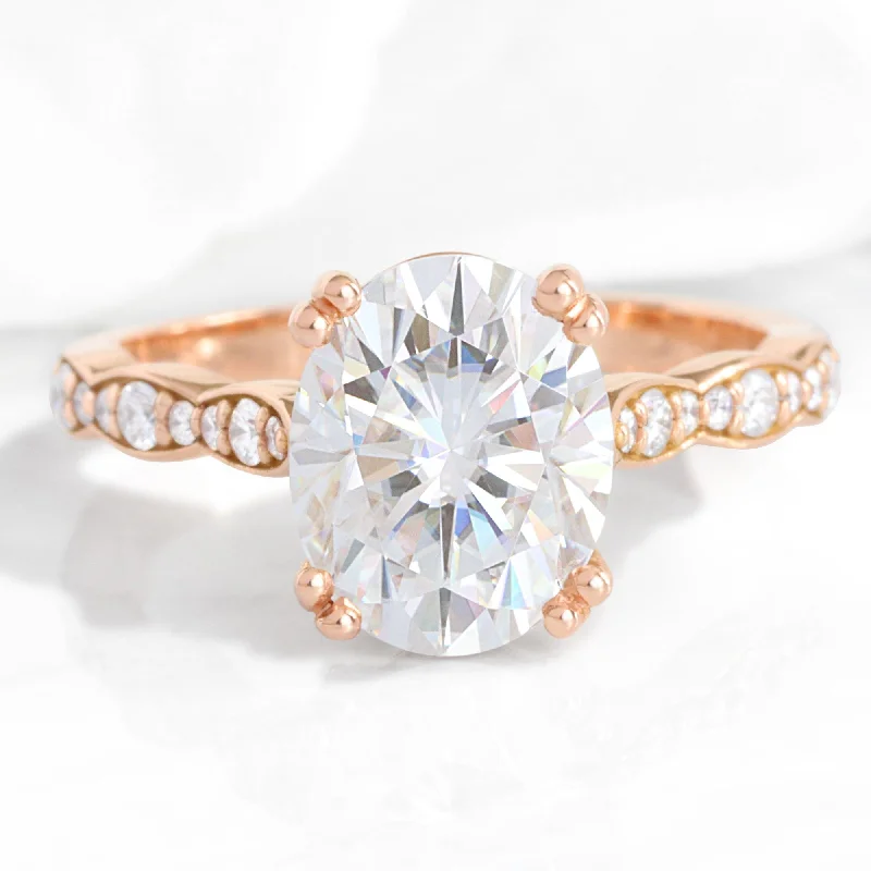 Jewelry Clearance Sale – Final Reductions 3 Ct. Large Oval Moissanite Ring in Grace Solitaire Diamond Band Jewelry Clearance Sale – Final Reductions 3 Ct. Large Oval Moissanite Ring in Grace Solitaire Diamond Band