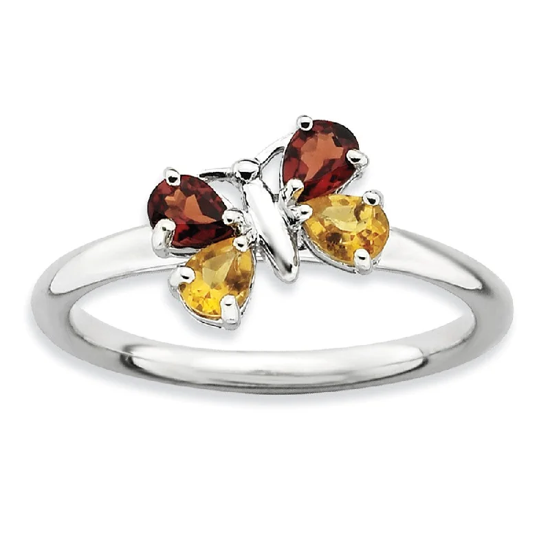 Chic, Trendy, And Affordable Jewelry Sale Stackable Pear Shape Garnet and Citrine Gemstone Butterfly Ring