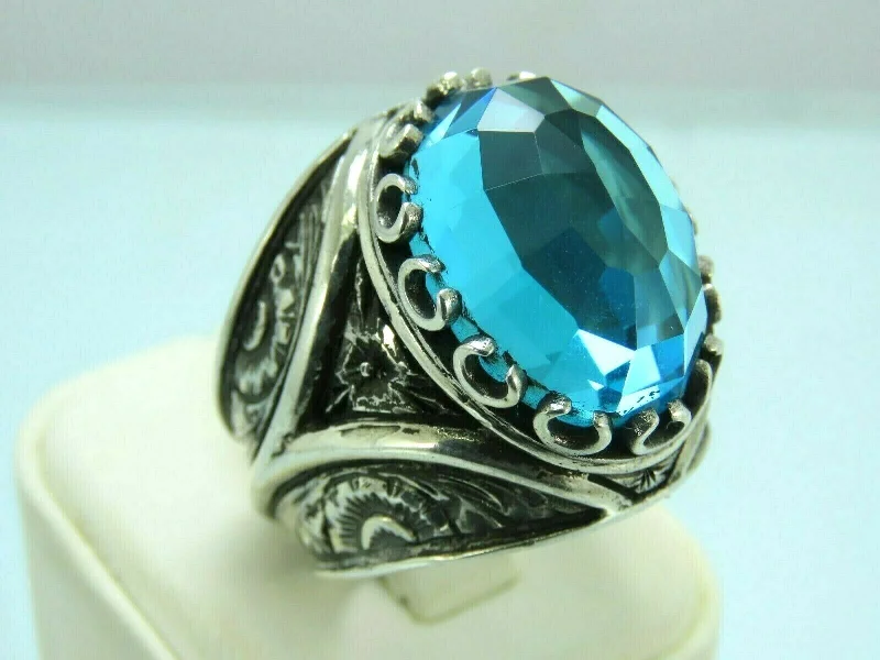 Turkish Handmade Jewelry 925 Sterling Silver Aquamarine Stone Mens Rings