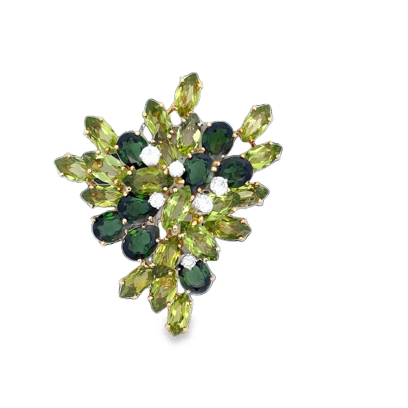 Exclusive Gemstone Jewelry At Special Prices Vintage Peridot, Green Tourmaline, and Diamond Brooch in Yellow Gold Exclusive Gemstone Jewelry At Special Prices Vintage Peridot, Green Tourmaline, and Diamond Brooch in Yellow Gold