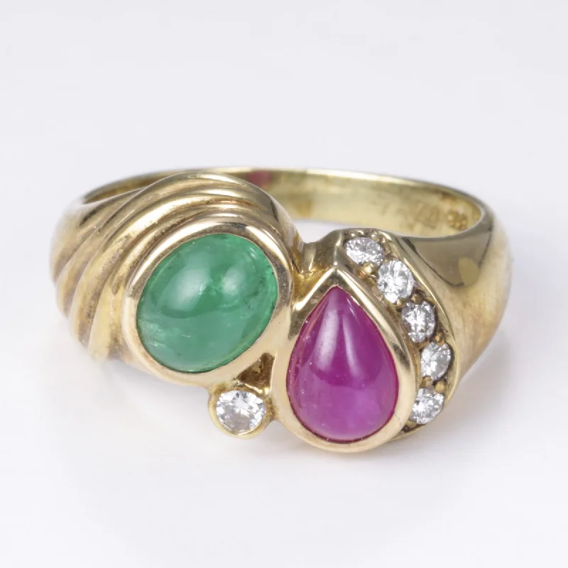 Flash Sale On Exquisite Jewelry – Don't Miss Out 14k Emerald, Ruby Cabochon with Diamond Ring| 0.95ct, 1.05ct, 0.15ctw | SZ 5.75 Flash Sale On Exquisite Jewelry – Don't Miss Out 14k Emerald, Ruby Cabochon with Diamond Ring| 0.95ct, 1.05ct, 0.15ctw | SZ 5.75