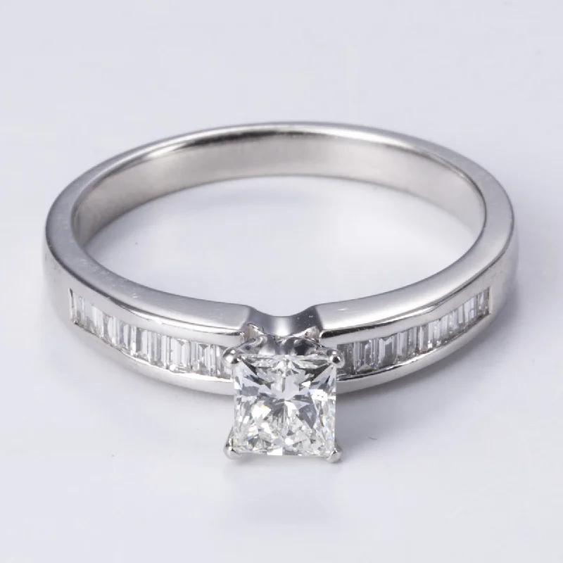 Discounted Luxury Jewelry – Shine Without The Splurge 18k White Gold Princess Diamond Ring with Baguette Cut Accents | 0.70ctw VS2 G | SZ 6.5 Discounted Luxury Jewelry – Shine Without The Splurge 18k White Gold Princess Diamond Ring with Baguette Cut Accents | 0.70ctw VS2 G | SZ 6.5