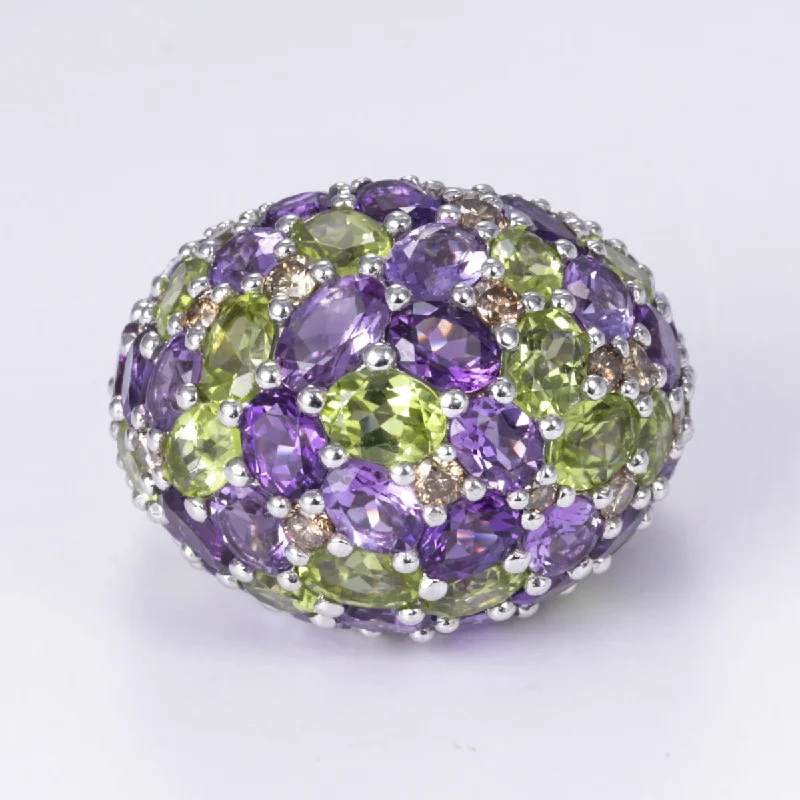 The Perfect Jewelry Piece At The Perfect Price 18k White Gold Fancy Peridot Amethyst and Diamond Ring | 6.28ctw, 7.45ctw, 1.42ctw | Sz