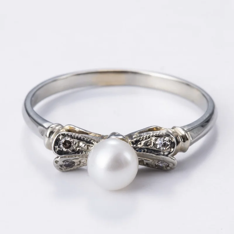 Bohemian-Inspired Jewelry For Free-Spirited Fashion 18k White Gold Pearl and Diamond Ring | 4.5mm, 0.04ctw | Sz 6.5 Bohemian-Inspired Jewelry For Free-Spirited Fashion 18k White Gold Pearl and Diamond Ring | 4.5mm, 0.04ctw | Sz 6.5
