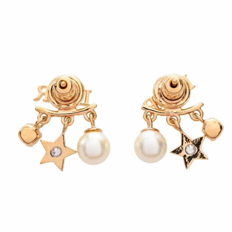 CHRISTIAN DIOR Rhinestone Pearl Star Logo Charm Earrings Gold Women's