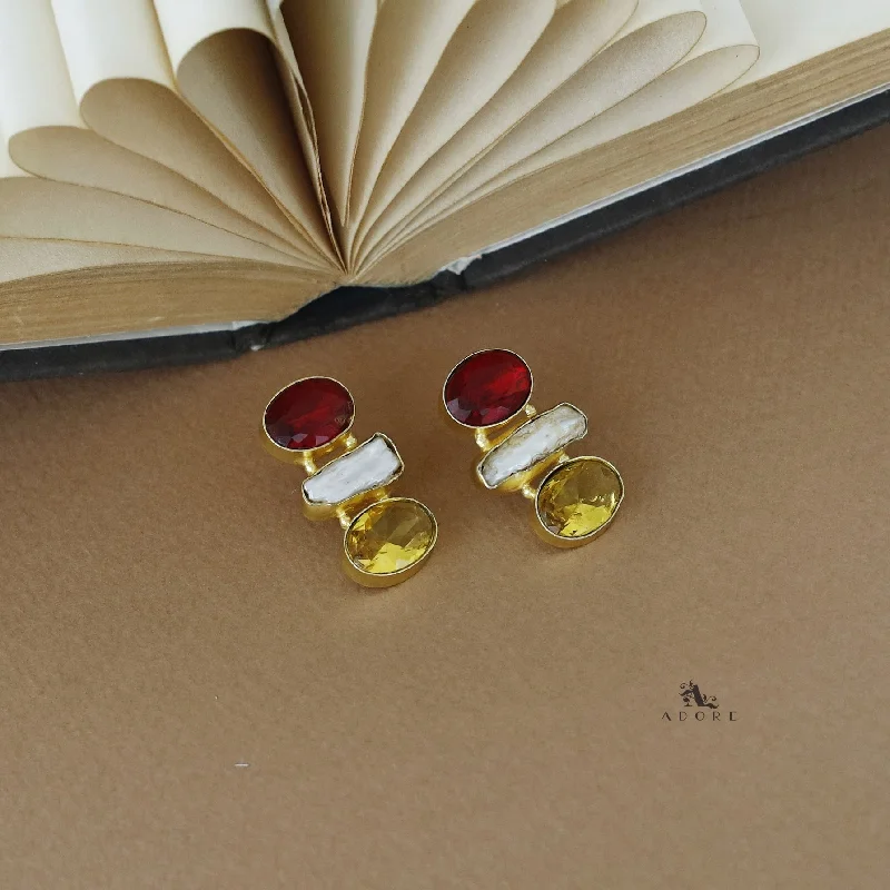 Golden Dual Oval Glossy Stone + Baroque Earring