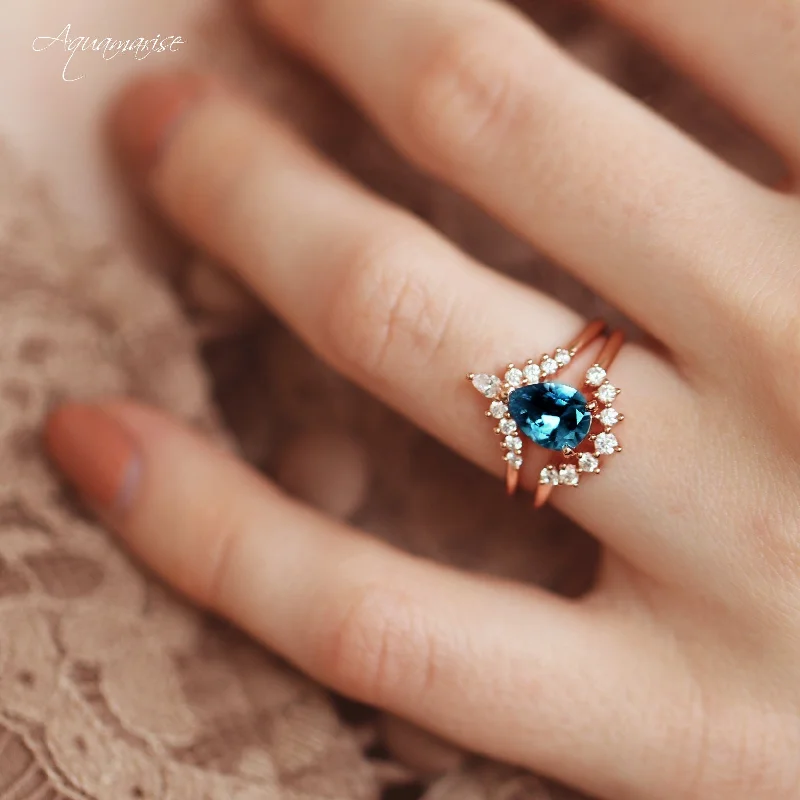 Discounted Jewelry For A Glamorous Look Lunette Natural London Blue Topaz Engagement Ring Set- 14K Solid Rose Gold Discounted Jewelry For A Glamorous Look Lunette Natural London Blue Topaz Engagement Ring Set- 14K Solid Rose Gold