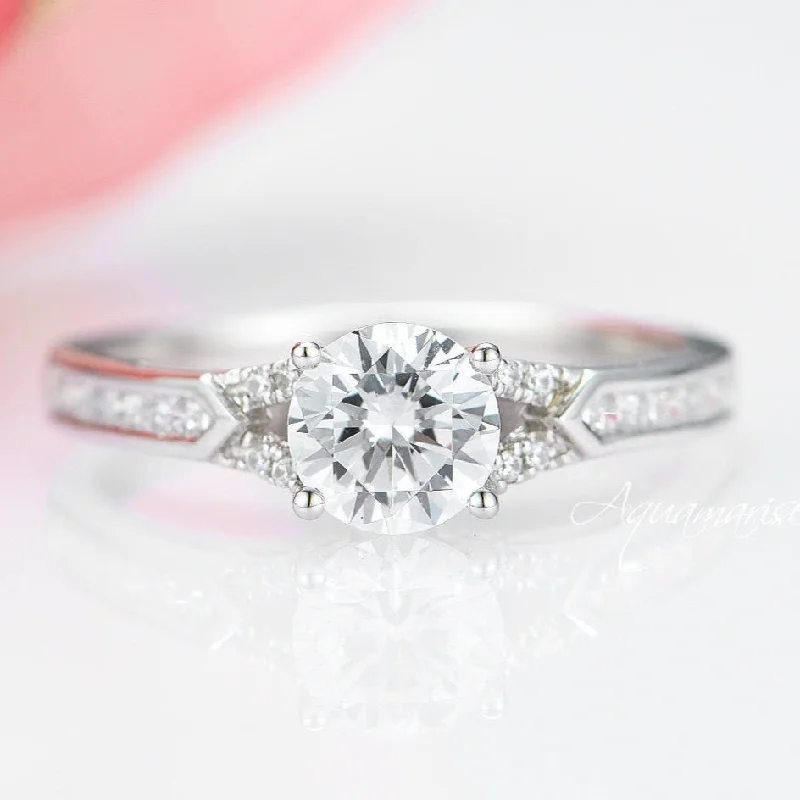 Shop Dazzling Jewelry At The Best Prices Round Cut Moissanite Engagement Ring- 14K White Gold Shop Dazzling Jewelry At The Best Prices Round Cut Moissanite Engagement Ring- 14K White Gold