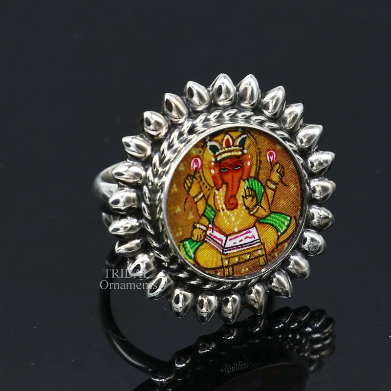 925 sterling silver adjustable ring band fabulous lord Ganesh studying miniature art painting frame ring Stylish ethnic jewelry RRing529