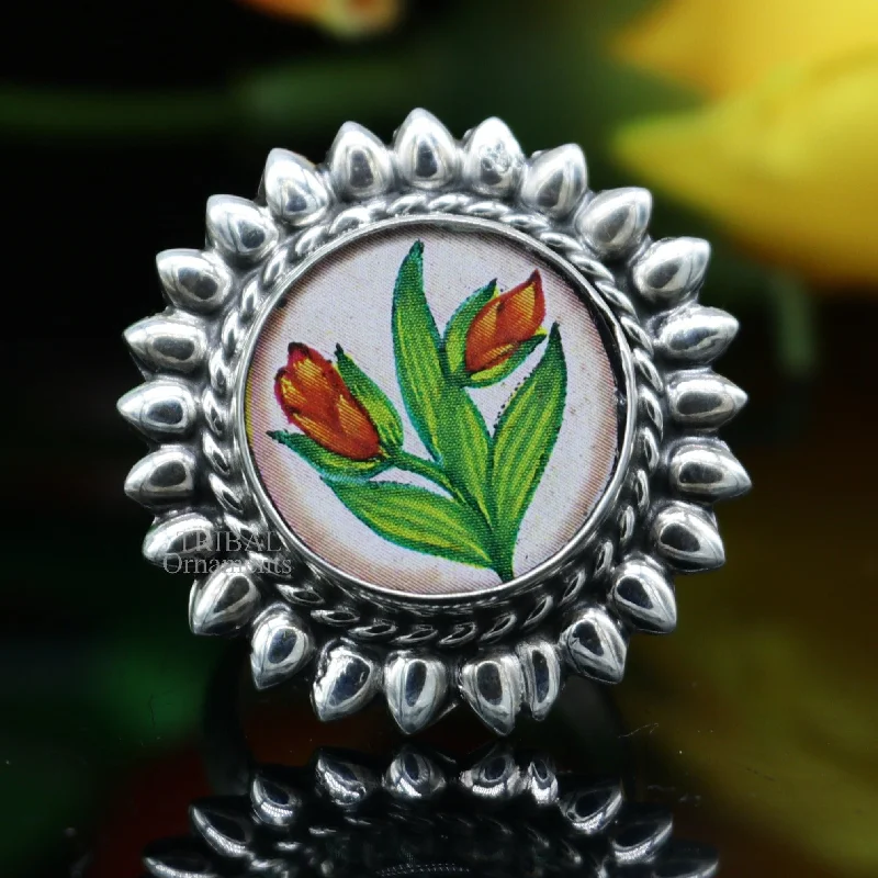 925 sterling silver adjustable ring band with fabulous flower painting ring unisex India jewelry ring505