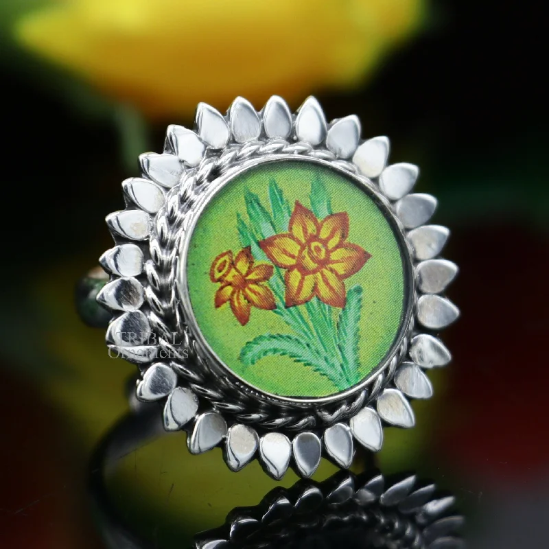 925 sterling silver adjustable ring band with fabulous flower painting ring unisex India jewelry ring552