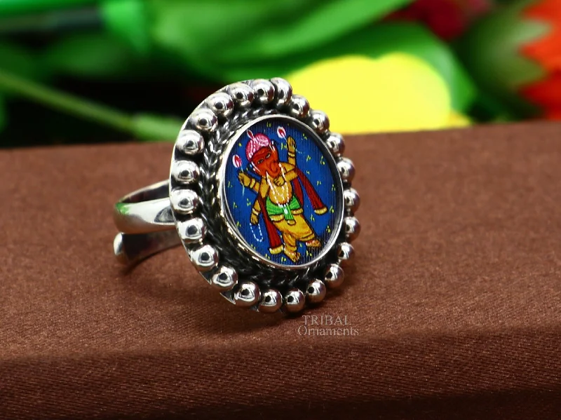 925 sterling silver adjustable ring band with fabulous lord Ganesh miniature art painting ring Stylish ethnic party jewelry RRing519