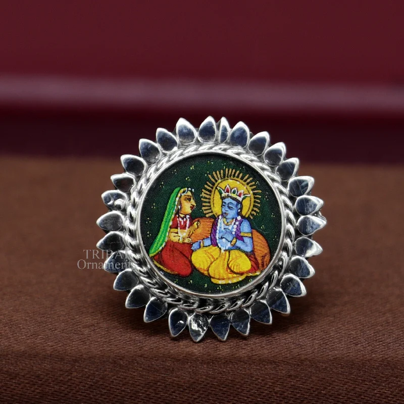 925 sterling silver band fabulous Idol Radha and Krishna miniature art painting ring Stylish ethnic party functional jewelry ring507