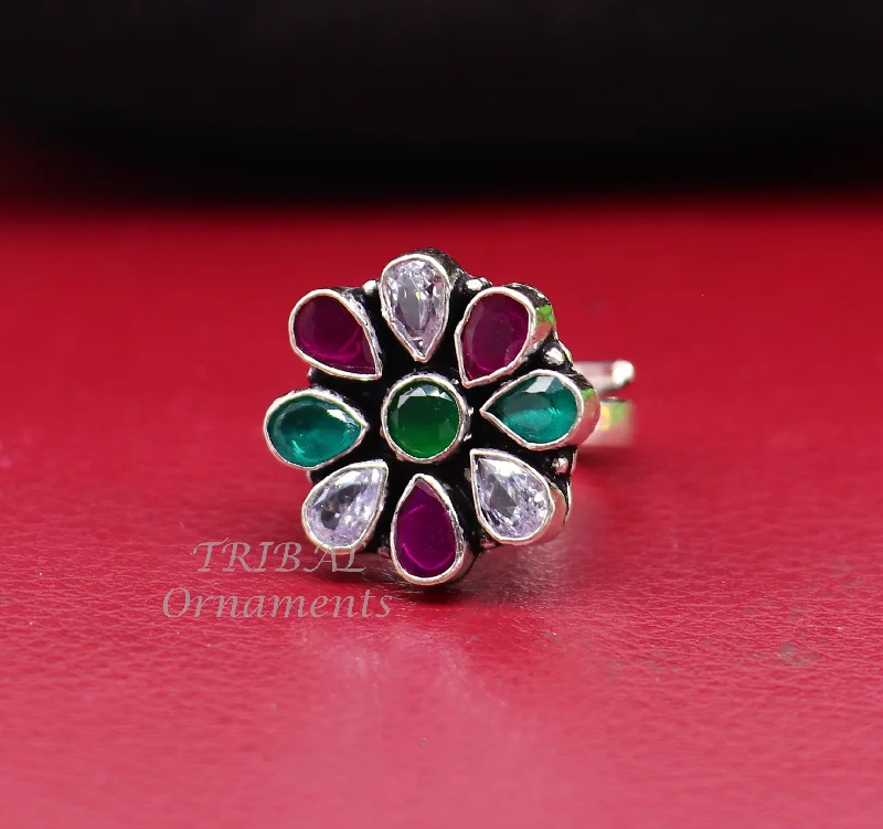 925 sterling silver handmade cubic zirconia and red/green stone ring adjustable for all sizes best girl's gifting fashionable ring sr358