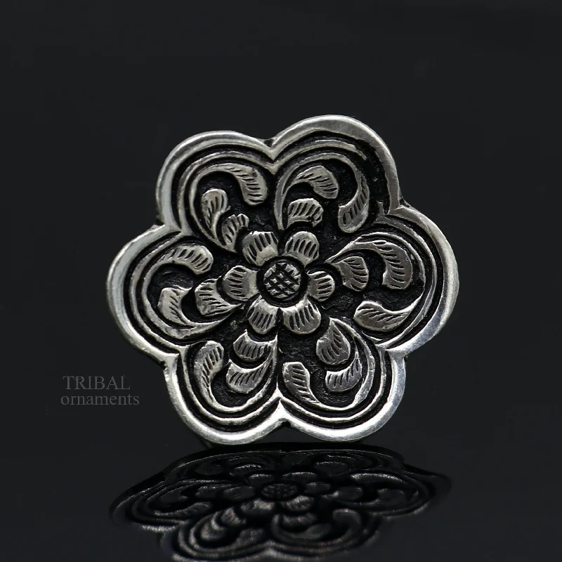 925 sterling silver handmade gorgeous flower shape adjustable ring band, unisex stylish gifting chitai work tribal ethnic jewelry ring496