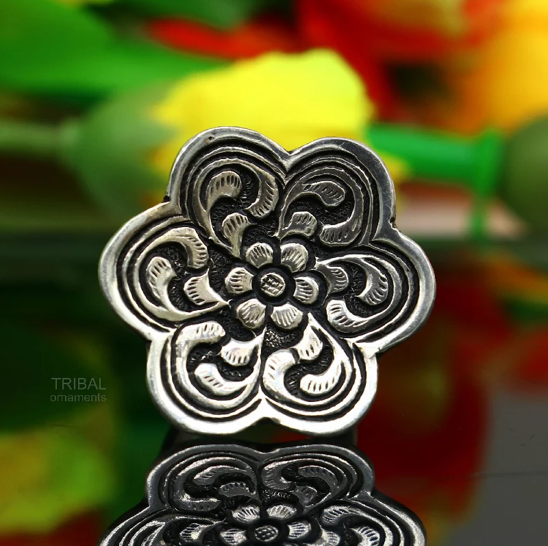 925 sterling silver handmade gorgeous flower shape adjustable ring band, unisex stylish gifting chitai work tribal ethnic jewelry sr302