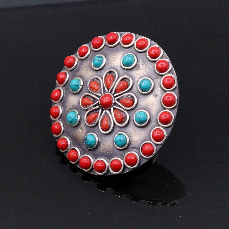 925 sterling silver handmade gorgeous turquoise and red coral stone jadau vintage design adjustable ring best gifting tribal jewelry sr254