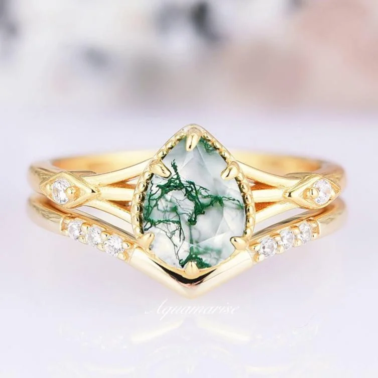 Celtic Green Moss Agate Ring Set- 14K Solid Yellow Gold