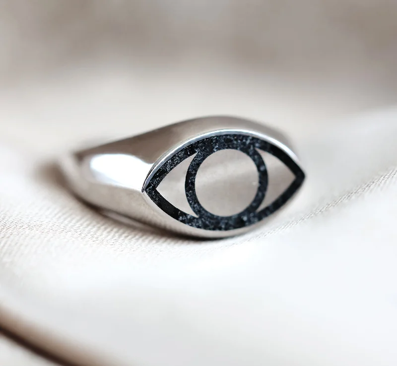 All seeing eye black spinel inlay signet ring