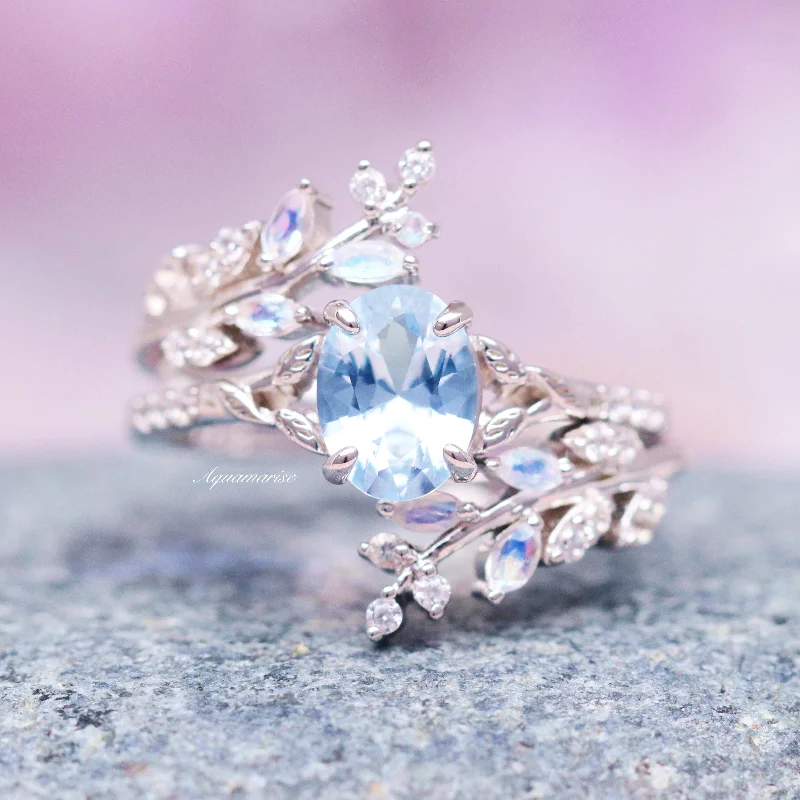 Fairy Aquamarine, Moonstone & Moissanite Leaf Engagement Ring Set- 14K Solid White Gold