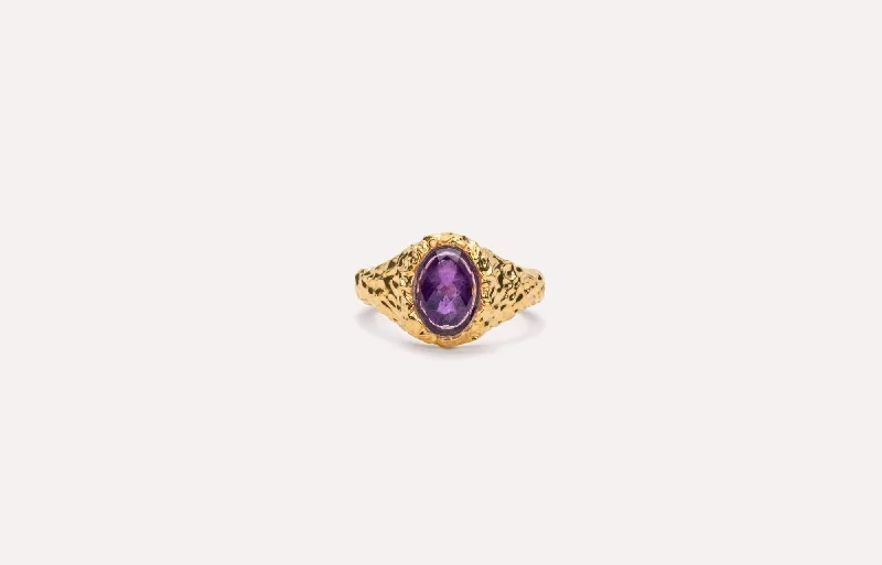 IX Crunchy Ornate Amethyst Signet Gold Plated Ring