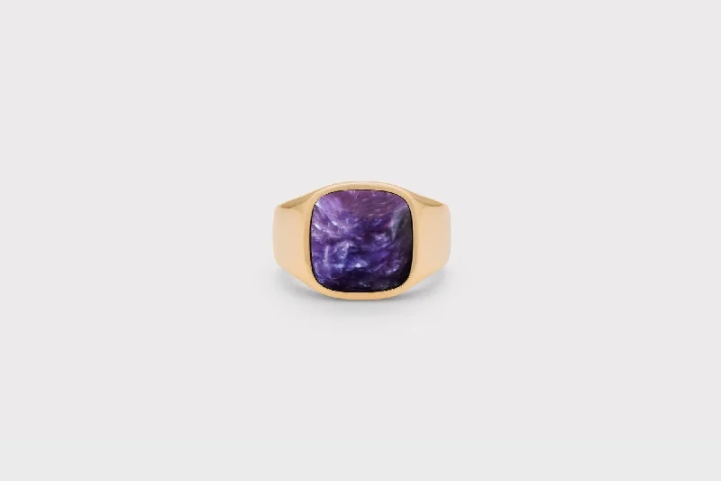 IX Cushion Signet Charoite Gold Plated Ring