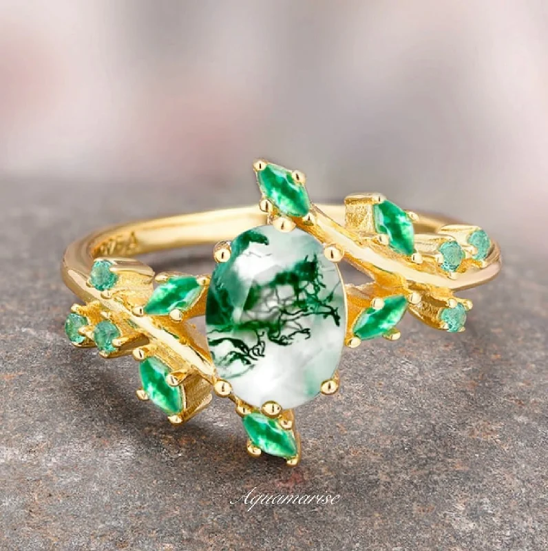 Green Moss Agate & Emerald Leaf Ring- 14K Solid Yellow Gold