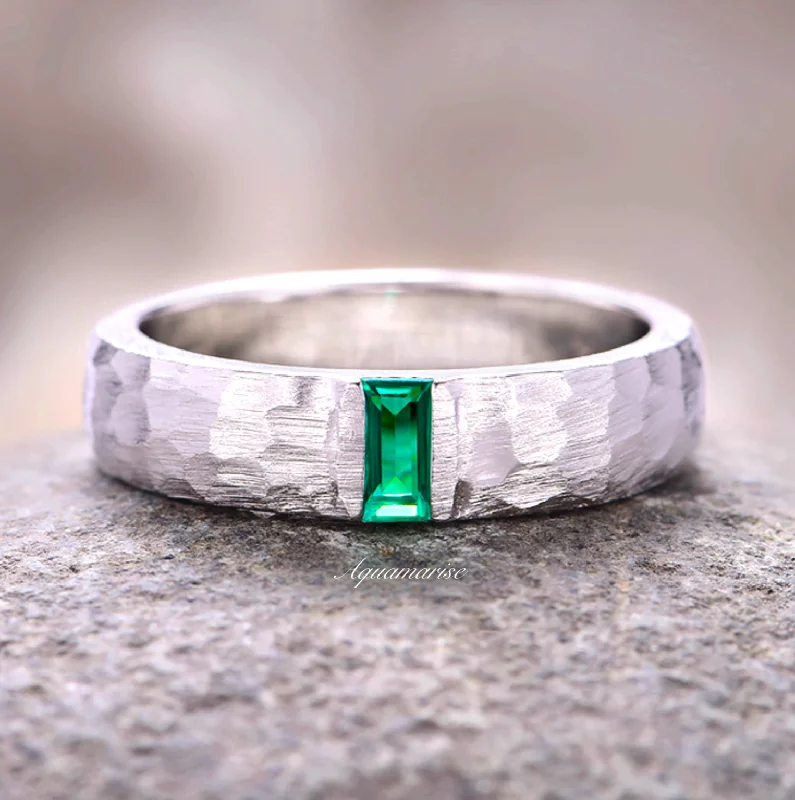 Hammered Emerald Wedding Band- 14K White Gold