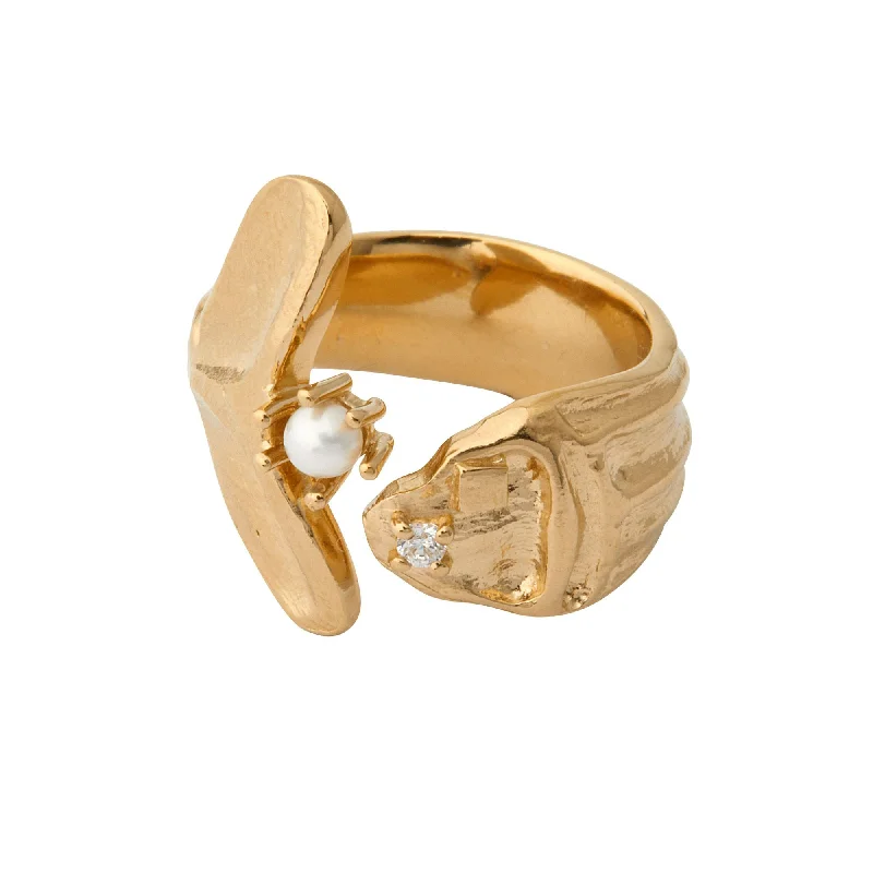 Ocean Being Gold Plated Ring w. Pearl & Zirconia