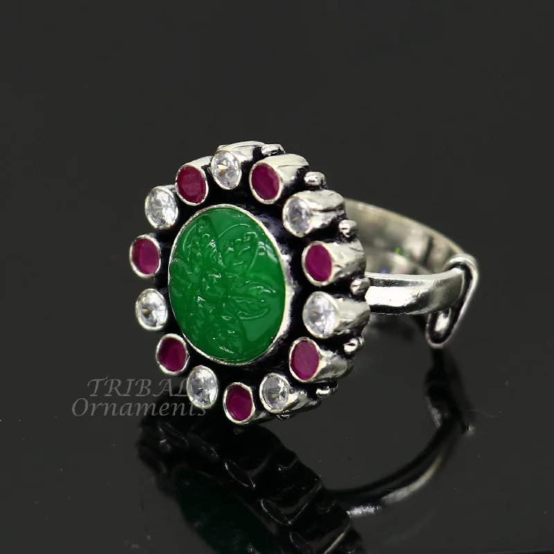 Modern cultural fashionable green and red stone 925 sterling silver adjustable ring, best gift for her/girls, charming jewelry india sr350