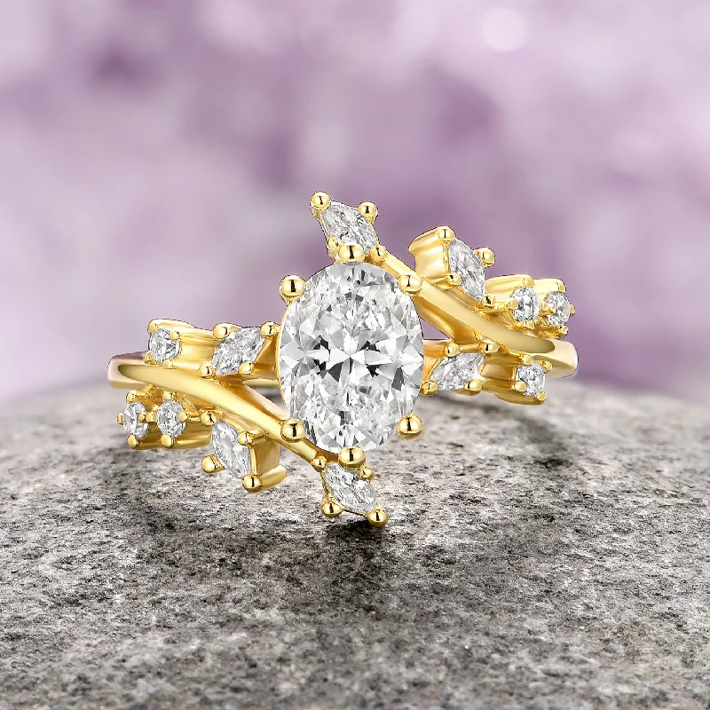 Moissanite/Diamond Leaf Engagement Ring- 14K Solid Yellow Gold