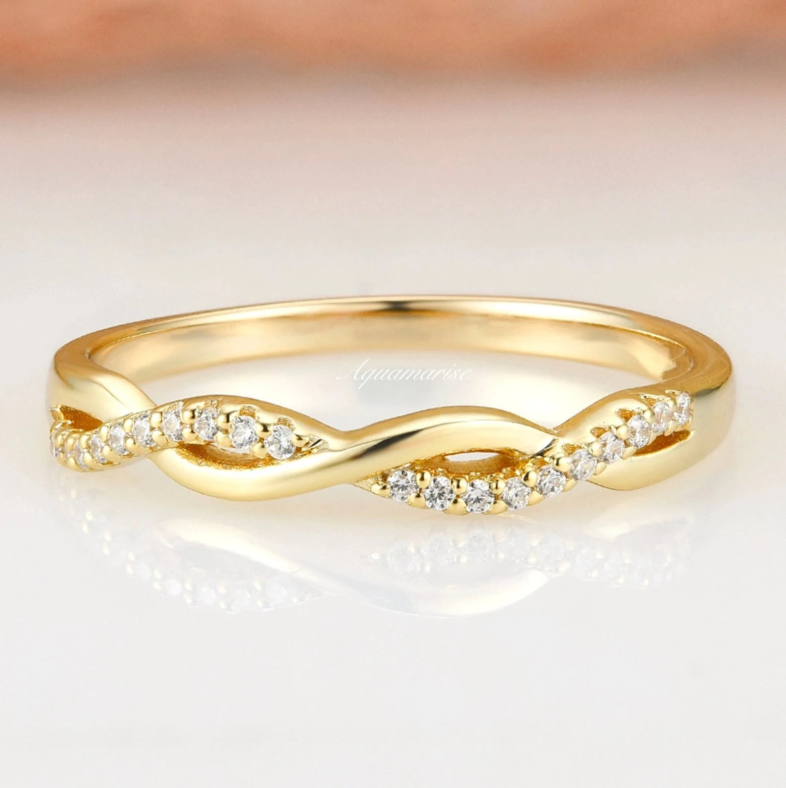 Petite Twisted Vine Diamond Wedding Band- 10K 14K 18K Solid Yellow Gold