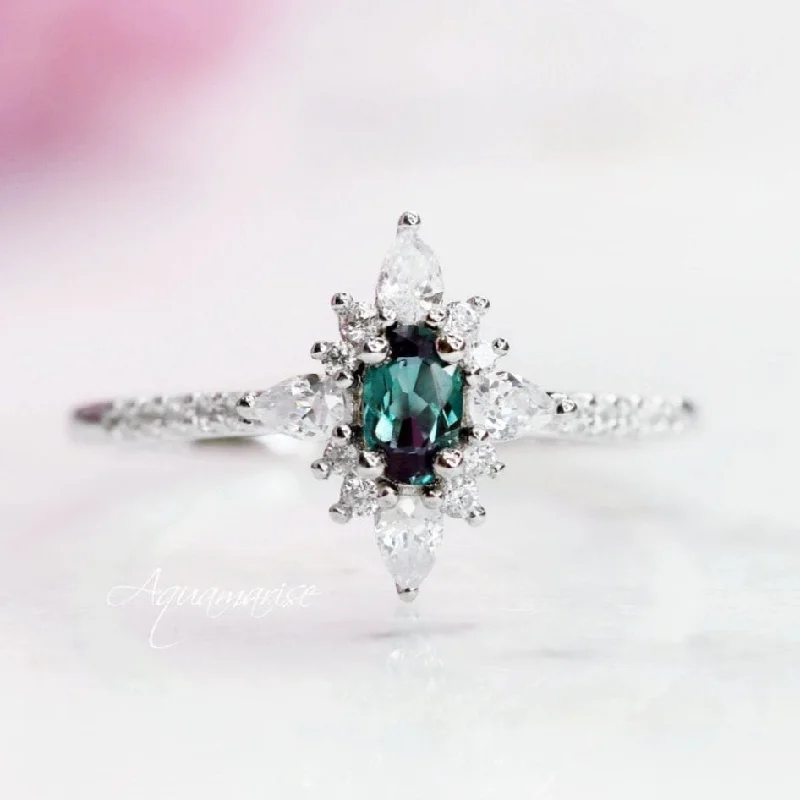 Starburst Alexandrite Engagement Ring- 14K Solid White Gold