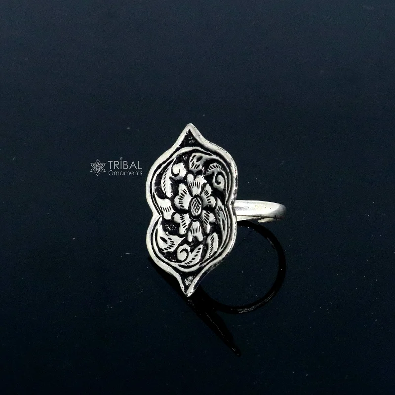 Traditional cultural flower design 925 sterling silver adjustable ring, best tribal ethnic jewelry for belly dance Navratri jewelry sr384