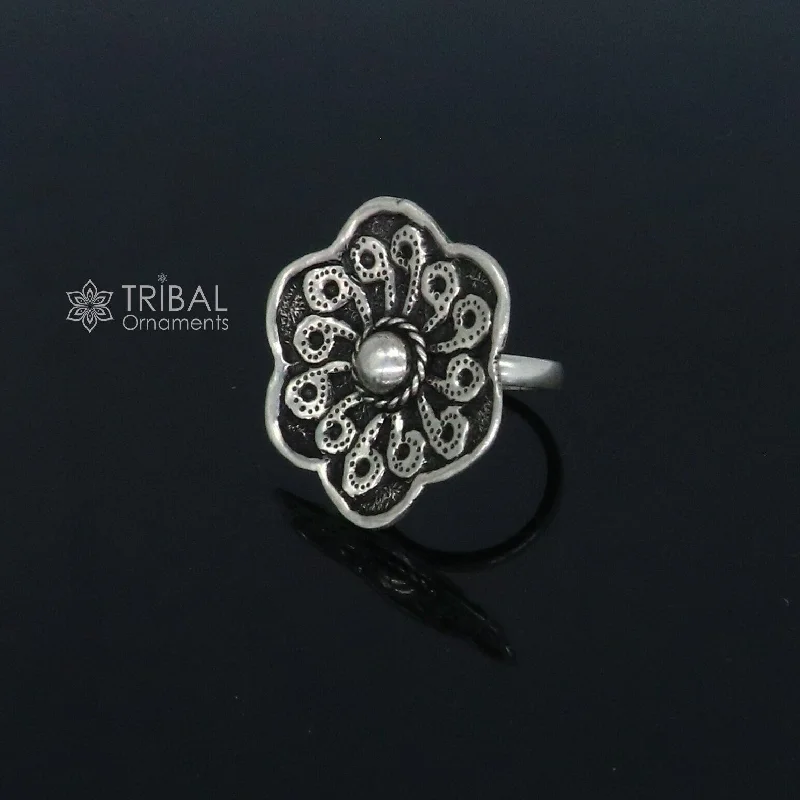 Traditional cultural flower design 925 sterling silver adjustable ring, best tribal ethnic jewelry for belly dance Navratri jewelry sr386