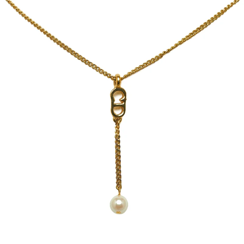 DIOR Logo Faux Pearl Pendant Necklace Costume Necklace