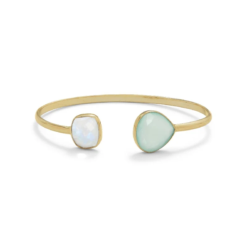 Chic And Stylish Jewelry At Exclusive Prices 18k Gold Moonstone & Chalcedony Open Cuff Bangle