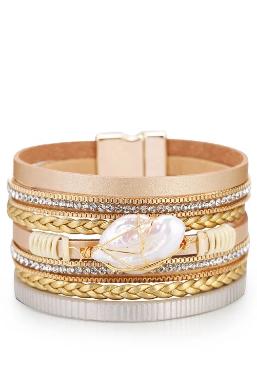 Special Jewelry Deals – Upgrade Your Collection 18k Gold Multi Row Champagne Leather Pearl Bracelet