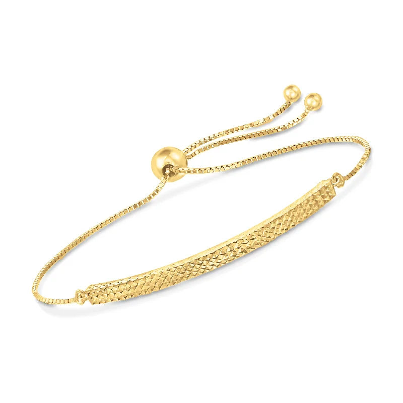 Last Chance To Grab Your Favorite Jewelry At A Discount Ross-Simons 14kt Yellow Gold Diamond-Cut Bolo Bracelet Last Chance To Grab Your Favorite Jewelry At A Discount Ross-Simons 14kt Yellow Gold Diamond-Cut Bolo Bracelet