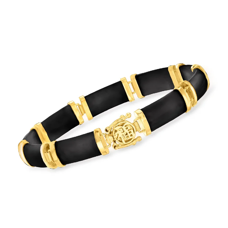 Shop Fine Jewelry With Exclusive Savings Ross-Simons Black Agate "Good Fortune" Bracelet in 18kt Gold Over Sterling Shop Fine Jewelry With Exclusive Savings Ross-Simons Black Agate "Good Fortune" Bracelet in 18kt Gold Over Sterling